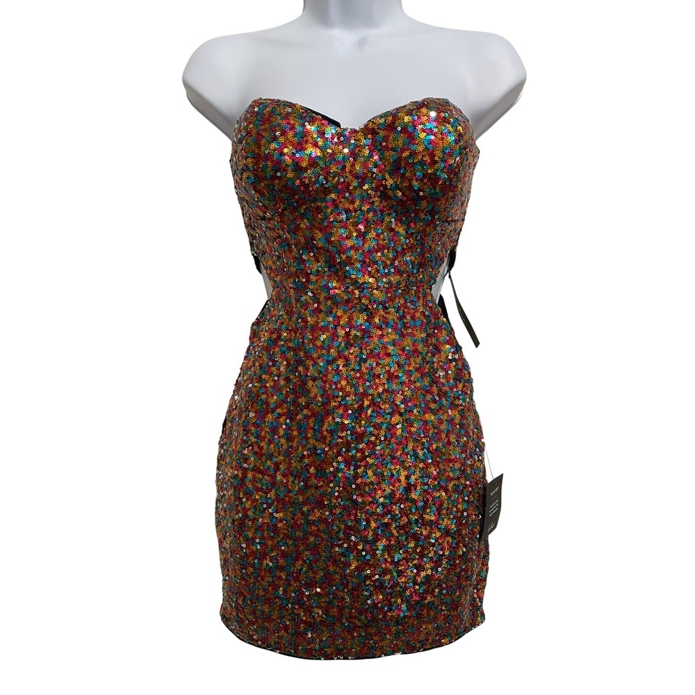 Multicolor Sequin Cutout Bodycon Mini Dress XS Party Event Festival Rave